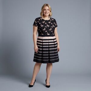Danny & Nicole Pink & Black Midi Length Dress With Cap Sleeves Size 16
